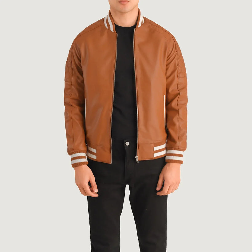 Pascal Cuoio Marrone Leather Varsity Giacca in Pelle da Uomo
