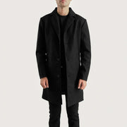 Petrillo Nero Wool Single Breasted Cappotto in Pelle da Uomo in Black Synthetic Wool - Vista frontale e linea su misura | Acquista online