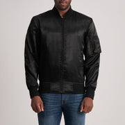 Quinton MA-1 Black Bomber Jacket in Black Satin - Front Profile View & Tailored Silhouette | Buy Online