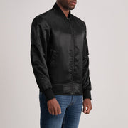 Black Satin Bomber Jacket - Back View Showing Tailored Shoulder Fit & Clean Hemline
