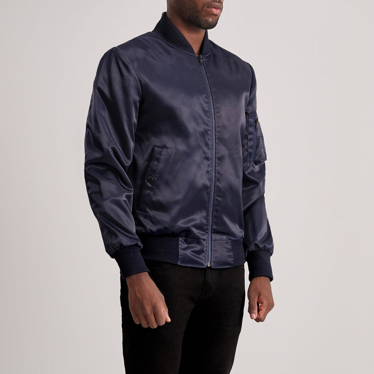 Blue Satin Bomber Jacket - Vista posteriore Showing Tailored Shoulder Fit &amp; Clean Hemline