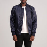 Quinton MA-1 Blu Bomber in Pelle da Uomo - Lateral Side Profile View Showing Sleeve Cut &amp; Athletic Taper Fit