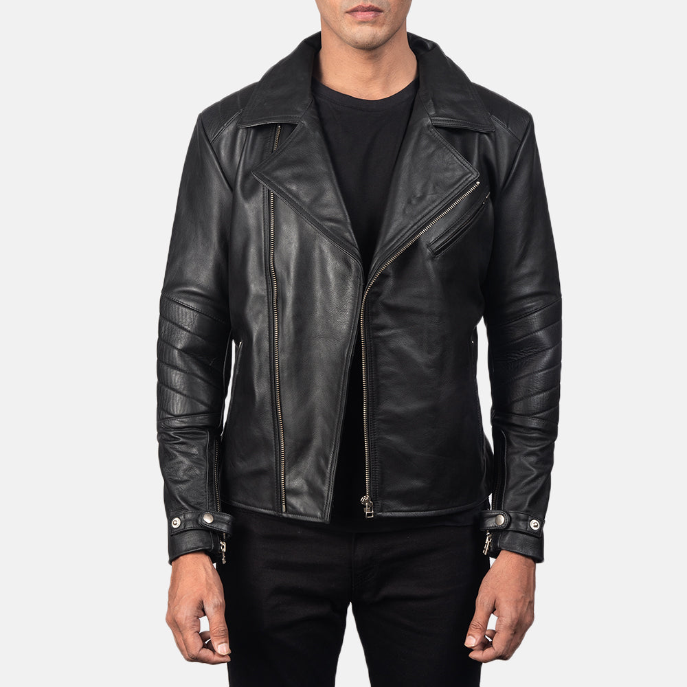 Men's Raiden Black Leather Biker Jacket in Black Cowhide Leather - Vista frontale e linea su misura | Acquista online