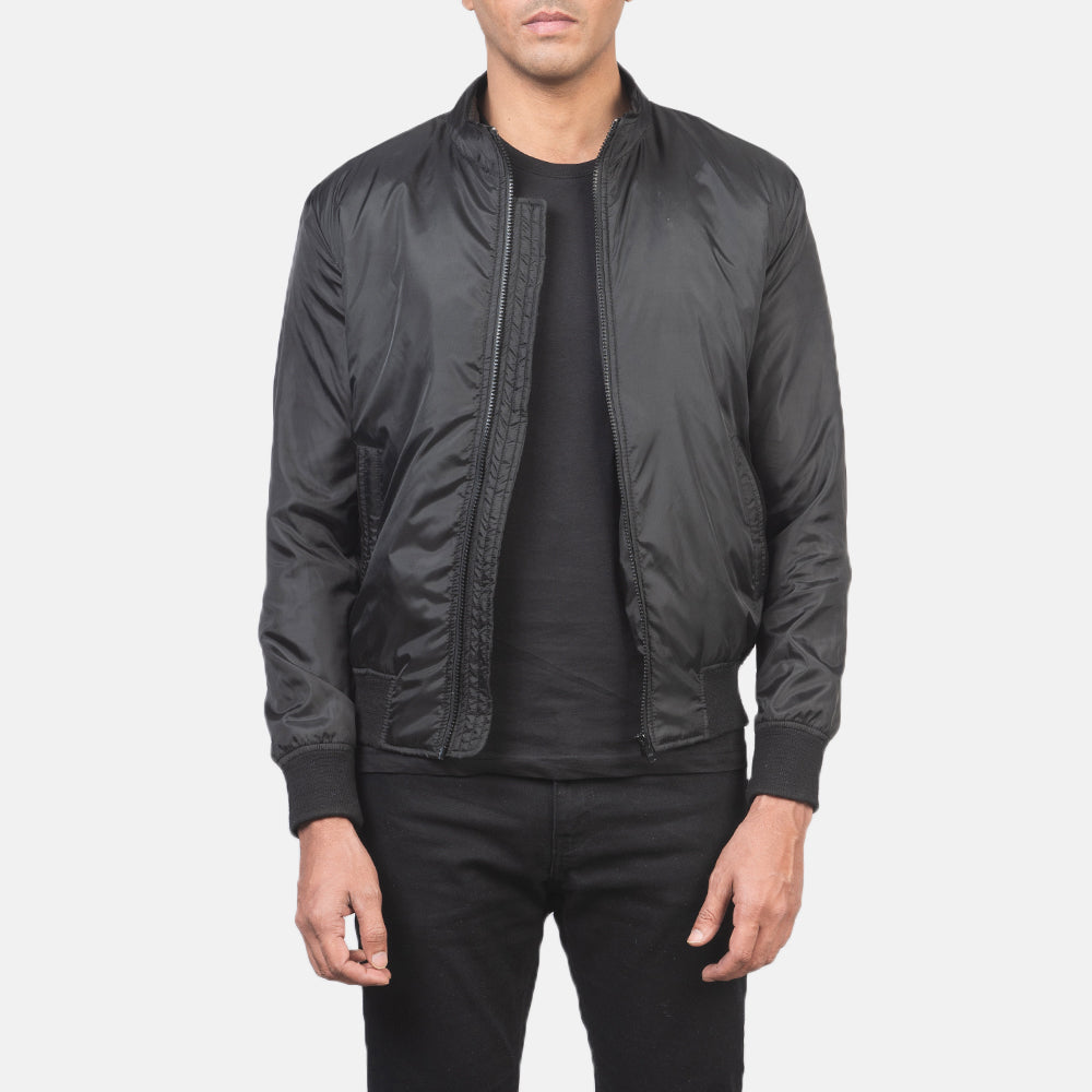 Men's Ramon Nero Bomber in Pelle da Uomo in Black Nylon - Vista frontale e linea su misura | Acquista online