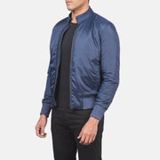 Blue Nylon Bomber Jacket - Vista posteriore Showing Tailored Shoulder Fit &amp; Clean Hemline