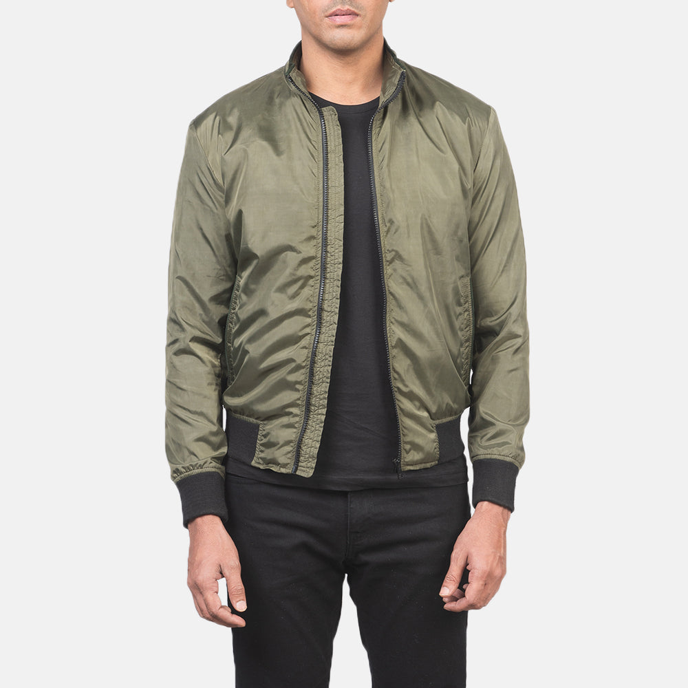 
Ramon Verde Bomber in Pelle da Uomo in Green Nylon - Vista frontale e silhouette sartoriale | Acquista online