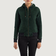 
Dettaglio ravvicinato of Hooded & Zipper Hardware on Rebella Green Hooded Suede Bomber Jacket