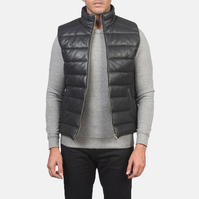 Reeves Nero Leather Puffer Vest da Uomo