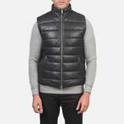
Dettaglio ravvicinato of Classic Collar & Zipper with Dual Puller Hardware on Reeves Nero Leather Gilet imbottito da Uomo