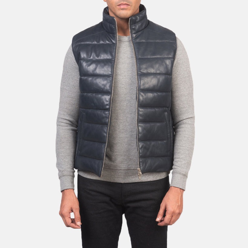 Reeves Blu Leather Puffer Vest da Uomo