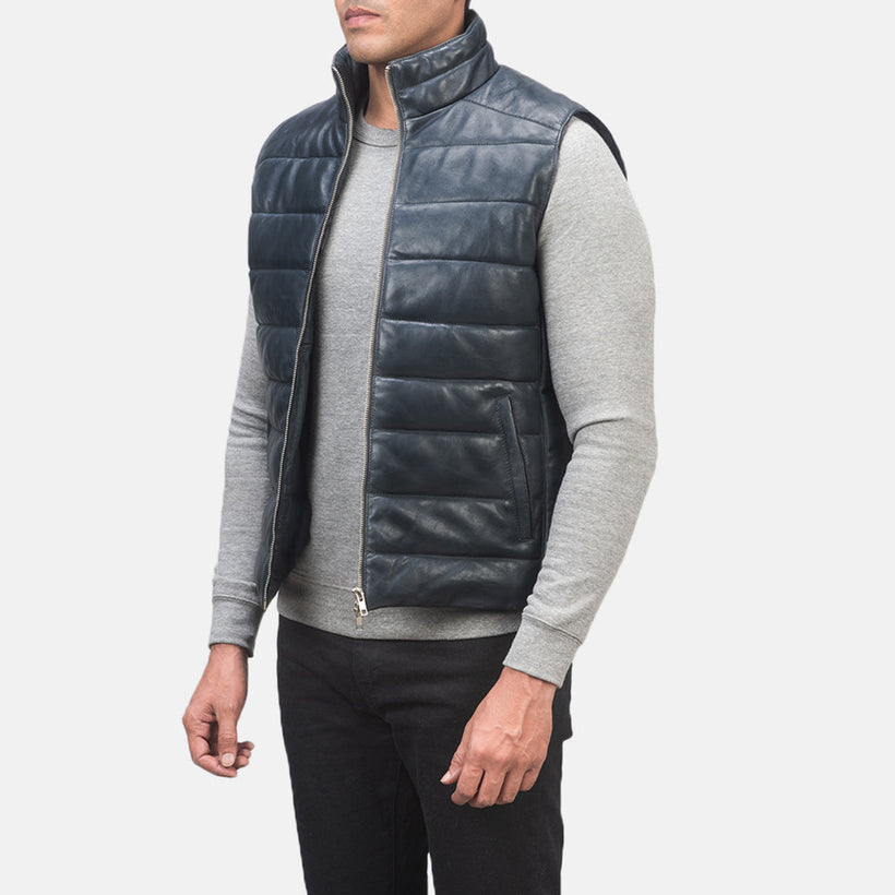 Reeves Blu Leather Puffer Vest da Uomo