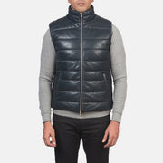 
Dettaglio ravvicinato of Classic Collar & Zipper with Dual Puller Hardware on Reeves Blu Leather Gilet imbottito da Uomo