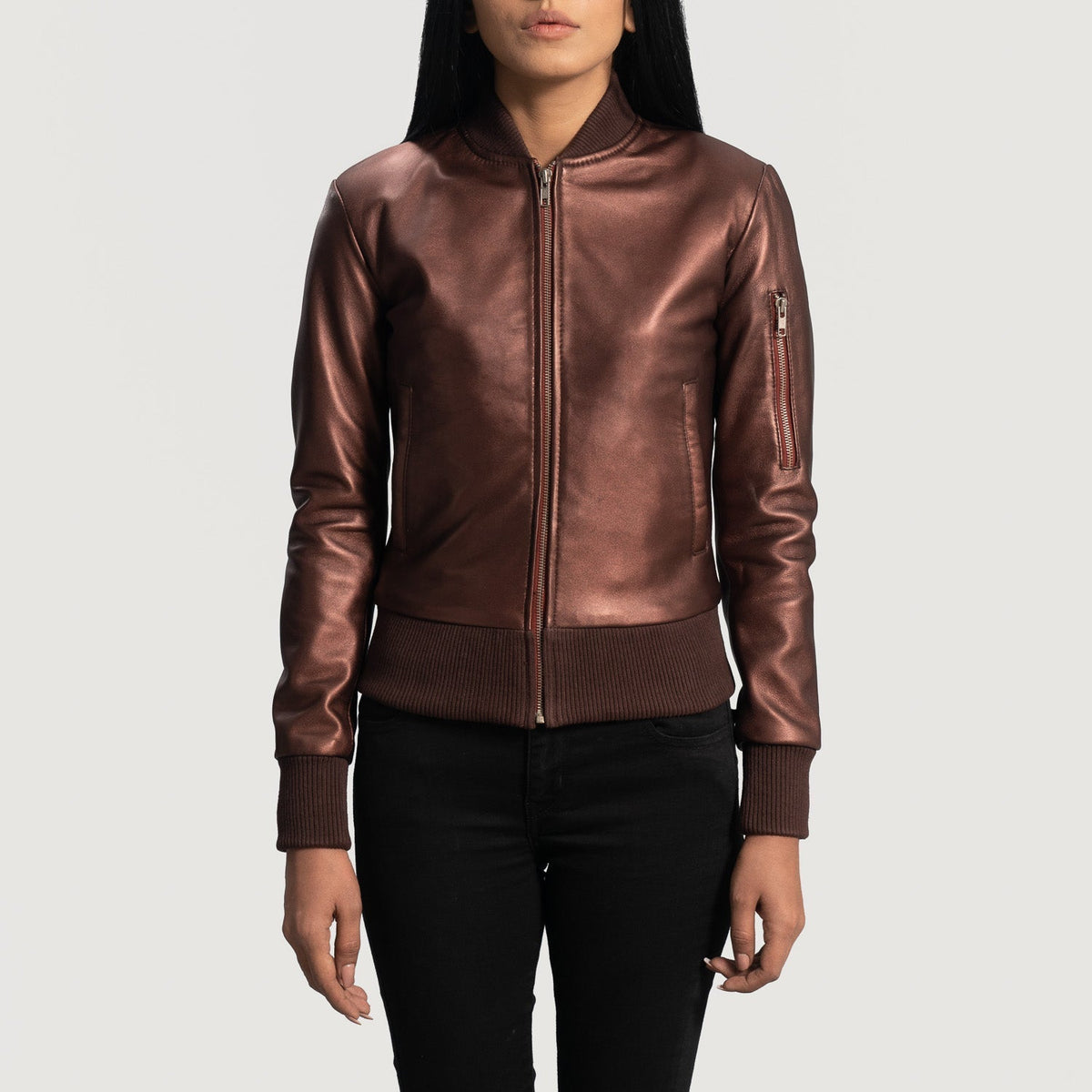 Women's Reida Bordeaux Bomber in Pelle da Donna in Maroon Sheepskin Leather - Vista frontale e linea su misura | Acquista online