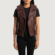 
Maroon Sheepskin Leather Biker Jacket - Vista posteriore con spalle definite e orlo pulito