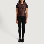 
Dettaglio ravvicinato of Notch & Zipper Hardware on Rhonda Marrone Rossiccio Leather Biker Vest da Donna