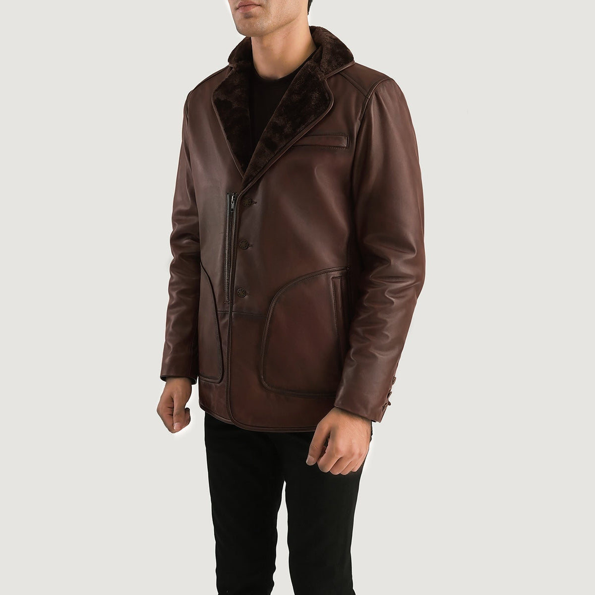 
Distressed Brown Sheepskin Burnishing Aviator Jacket - Vista posteriore con spalle definite e orlo pulito