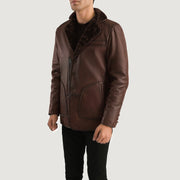 
Distressed Brown Sheepskin Burnishing Aviator Jacket - Vista posteriore con spalle definite e orlo pulito