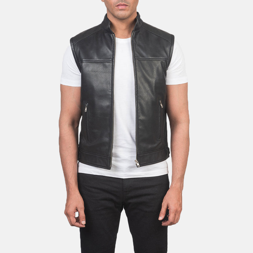 Roland Nero Leather Biker Vest da Uomo
