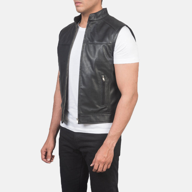 Roland Nero Leather Biker Vest da Uomo
