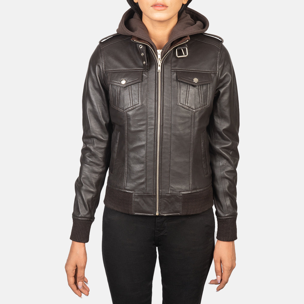 
Dettaglio ravvicinato of High Neck with Belt & Zipper Hardware on Roslyn Brown Hooded Leather Bomber Jacket