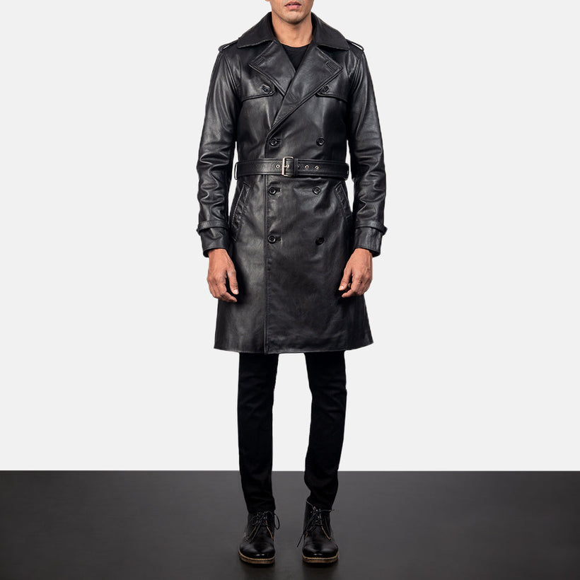 Royson Nero Leather Duster Cappotto in Pelle da Uomo
