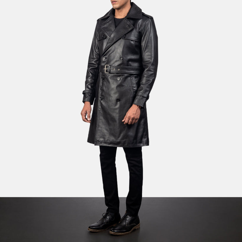 Royson Nero Leather Duster Cappotto in Pelle da Uomo