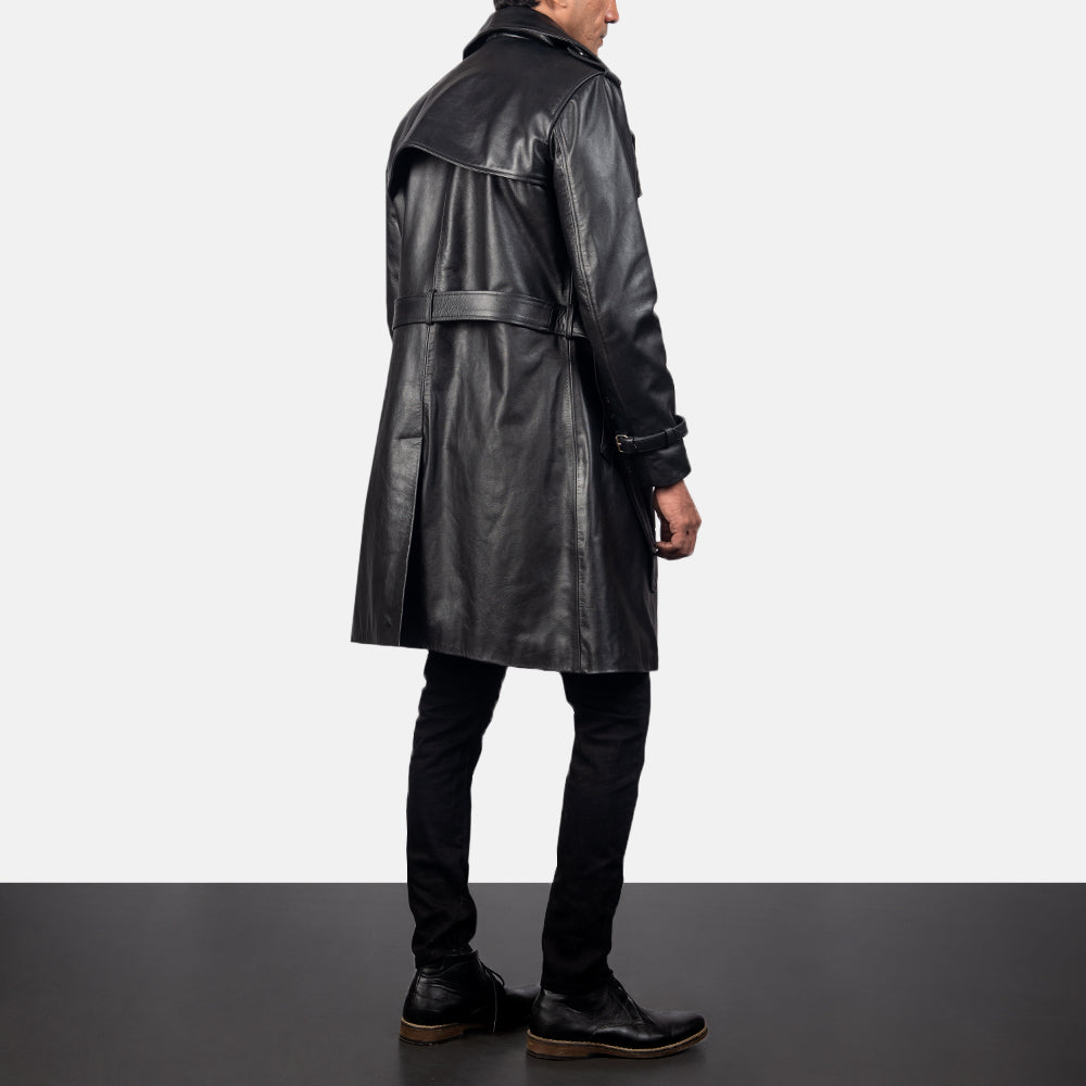 Men's Royson Nero Leather Duster Cappotto in Pelle da Uomo - Lateral Side Profile View Showing Sleeve Cut &amp; Athletic Taper Fit