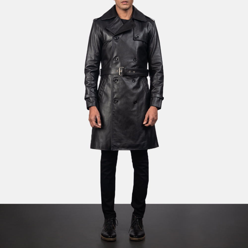 Dettaglio ravvicinato of Shirt &amp; Heavy-Duty Zipper Hardware on Men's Royson Nero Leather Duster Cappotto in Pelle da Uomo