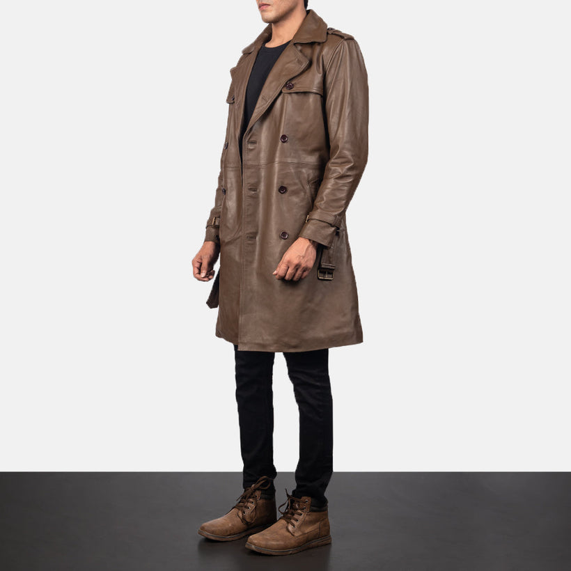 Royson Marrone Leather Duster Cappotto in Pelle da Uomo