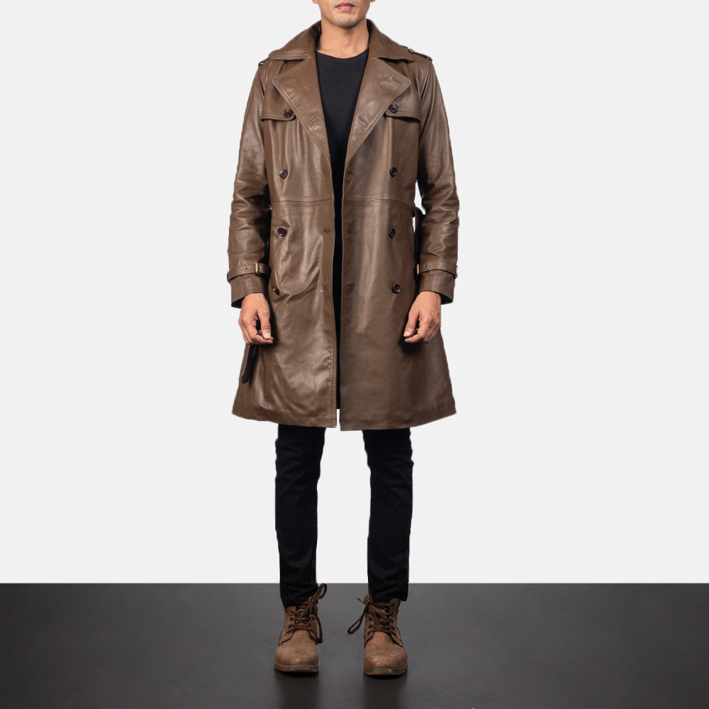 
Dettaglio ravvicinato of Shirt & Heavy-Duty Zipper Hardware on Royson Marrone Leather Duster Cappotto in Pelle da Uomo