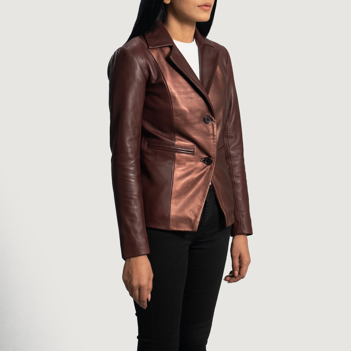 Maroon Sheepskin leather Blazer - Vista posteriore Showing Tailored Shoulder Fit &amp; Clean Hemline