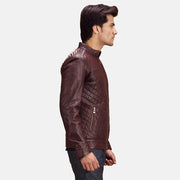 
Maroon Sheepskin Leather Biker Jacket - Vista posteriore con spalle definite e orlo pulito