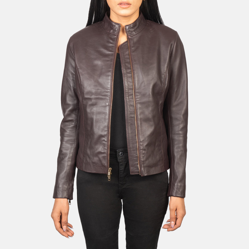 
Rumella Maroon Leather Biker Jacket in Maroon Sheepskin Leather - Vista frontale e silhouette sartoriale | Acquista online