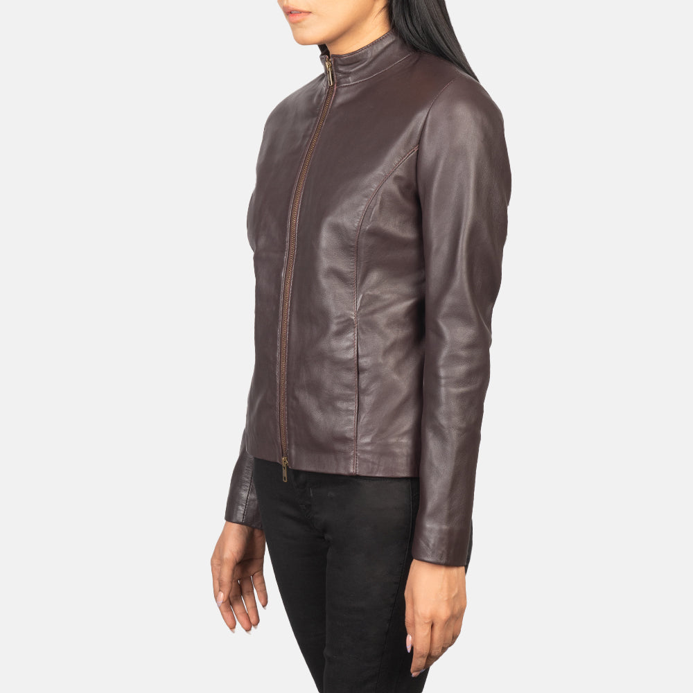 
Maroon Sheepskin Leather Biker Jacket - Vista posteriore con spalle definite e orlo pulito