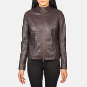 
Dettaglio ravvicinato of Mandarin & Zipper with Dual Puller Hardware on Rumella Maroon Leather Biker Jacket