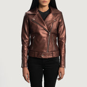 
Rumy Maroon Leather Biker Jacket in Maroon Sheepskin Leather - Vista frontale e silhouette sartoriale | Acquista online