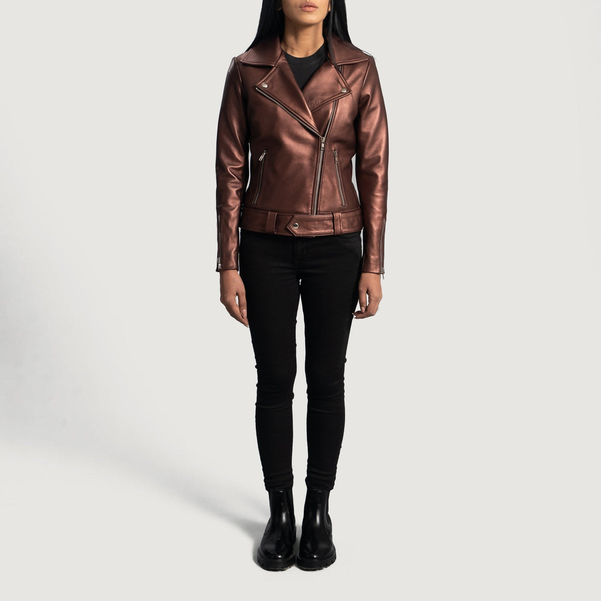 
Dettaglio ravvicinato of Notch & Zipper Hardware on Rumy Maroon Leather Biker Jacket