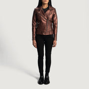 
Dettaglio ravvicinato of Notch & Zipper Hardware on Rumy Maroon Leather Biker Jacket