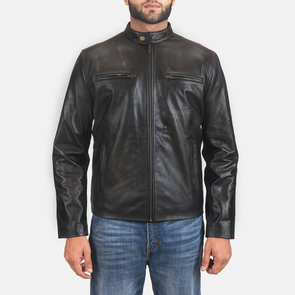 Rustic Black Leather Biker Jacket in Distressed Black Cowhide Leather - Vista frontale e linea su misura | Acquista online