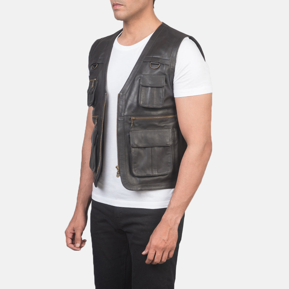 
Brown Sheepskin leather Vest - Vista posteriore con spalle definite e orlo pulito