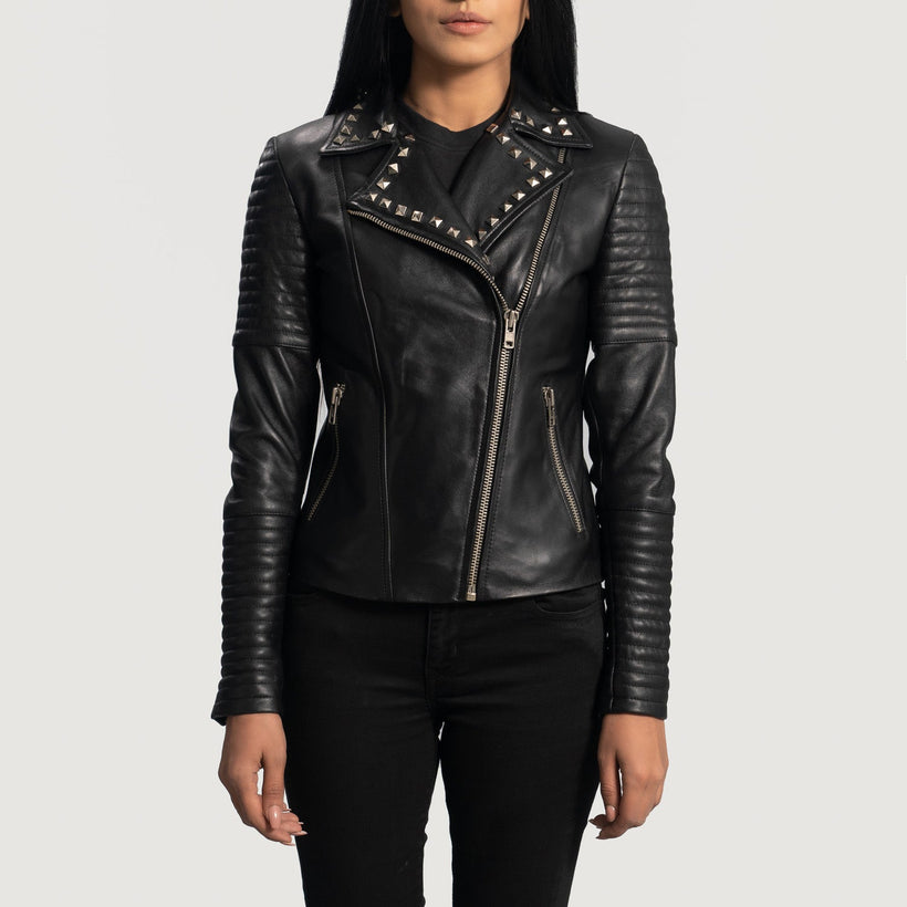 Sally Mae Studded Nero Giacca Biker in Pelle da Donna