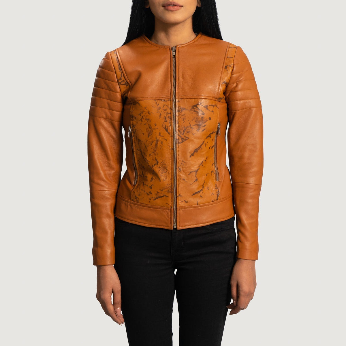 Women's Sandy Cuoio Dye Giacca Biker in Pelle da Donna in Tan Brown Sheepskin Dip &amp;Amp; Dye - Vista frontale e linea su misura | Acquista online