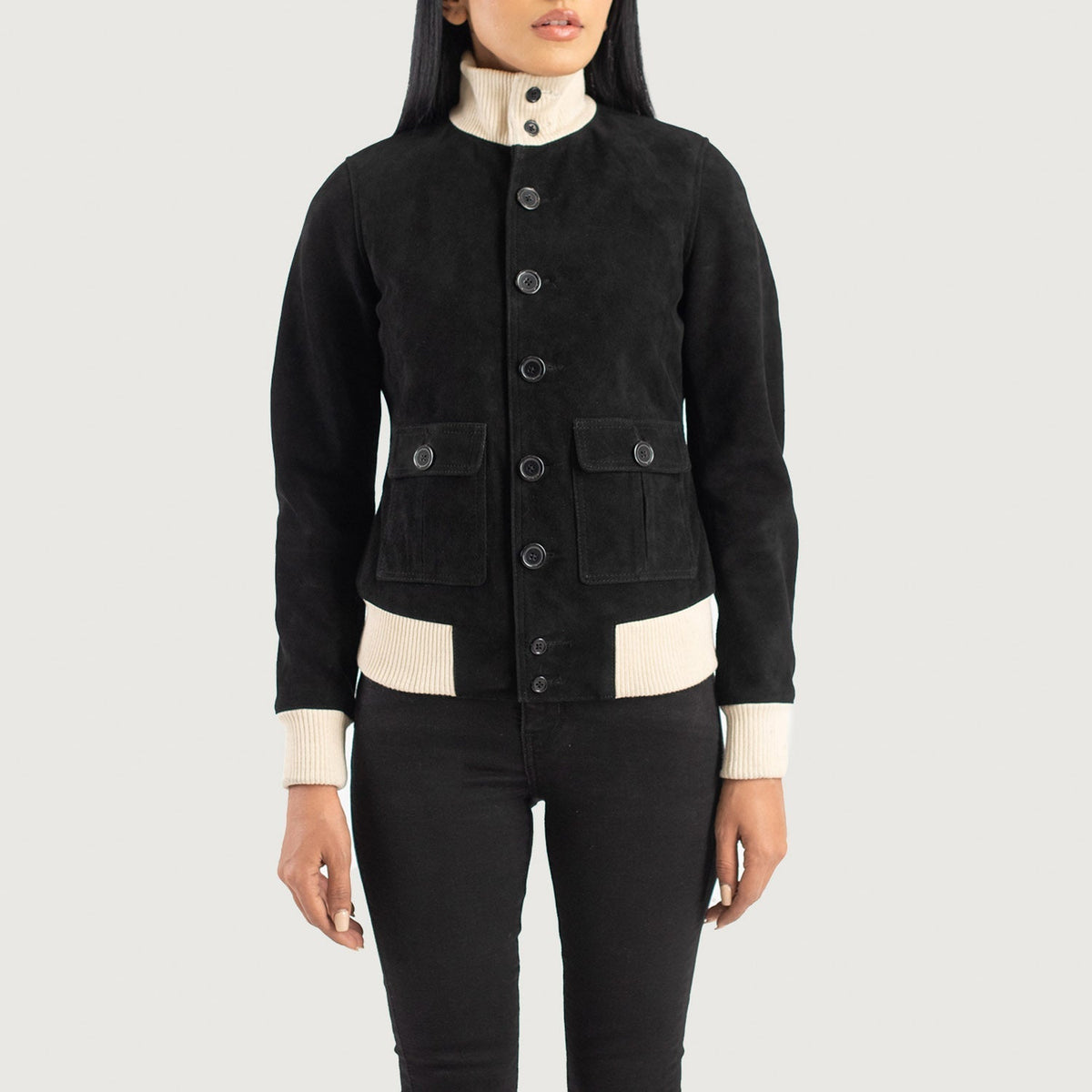 
Dettaglio ravvicinato of Knit Rib & Buttons Hardware on Sasha A1 Black Suede Bomber Jacket