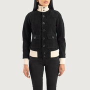 
Dettaglio ravvicinato of Knit Rib & Buttons Hardware on Sasha A1 Black Suede Bomber Jacket