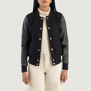 Savant Green Hybrid Varsity Jacket in Green Sheepskin Leather - Vista frontale e linea su misura | Acquista online