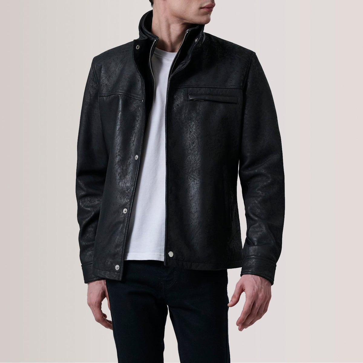 Sean Nero Snuffed Classic Giacca in Pelle da Uomo For Men in Distressed Black Sheepskin Snuffed - Vista frontale e linea su misura | Acquista online