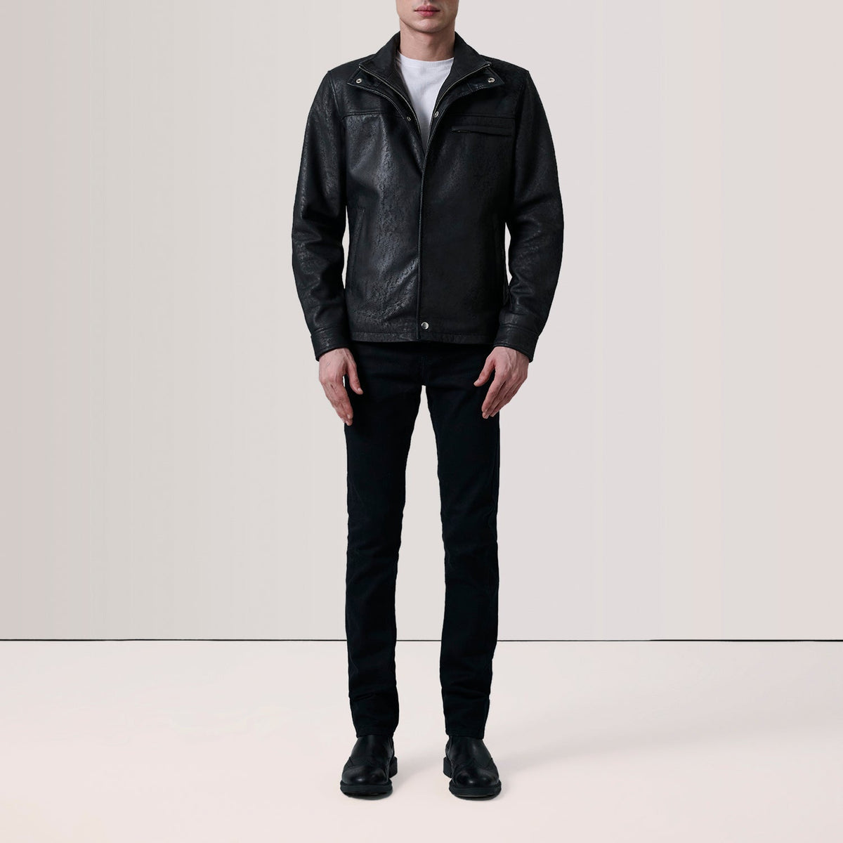 Distressed Black Sheepskin Snuffed Biker Jacket - Vista posteriore Showing Tailored Shoulder Fit &amp; Clean Hemline