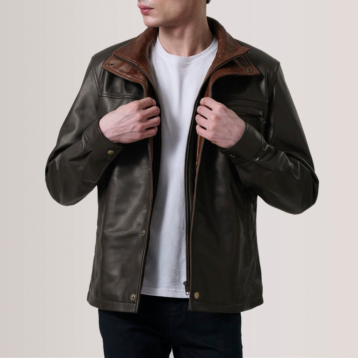 Sean Marrone Leather Classic Giacca in Pelle da Uomo For Men in Brown Sheepskin Leather - Vista frontale e linea su misura | Acquista online