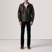 Brown Sheepskin Leather Biker Jacket - Vista posteriore Showing Tailored Shoulder Fit &amp; Clean Hemline