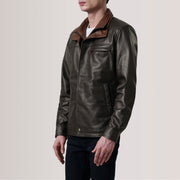 Sean Marrone Leather Classic Giacca in Pelle da Uomo For Men - Lateral Side Profile View Showing Sleeve Cut &amp; Athletic Taper Fit
